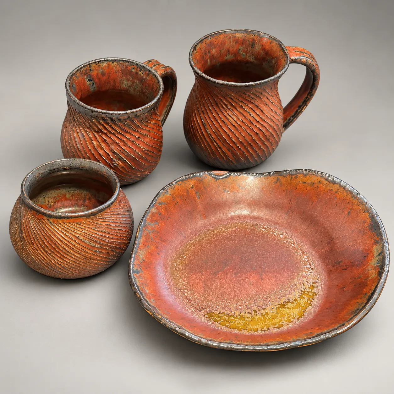 Carved metallic-glaze mugs, holder, and plate
