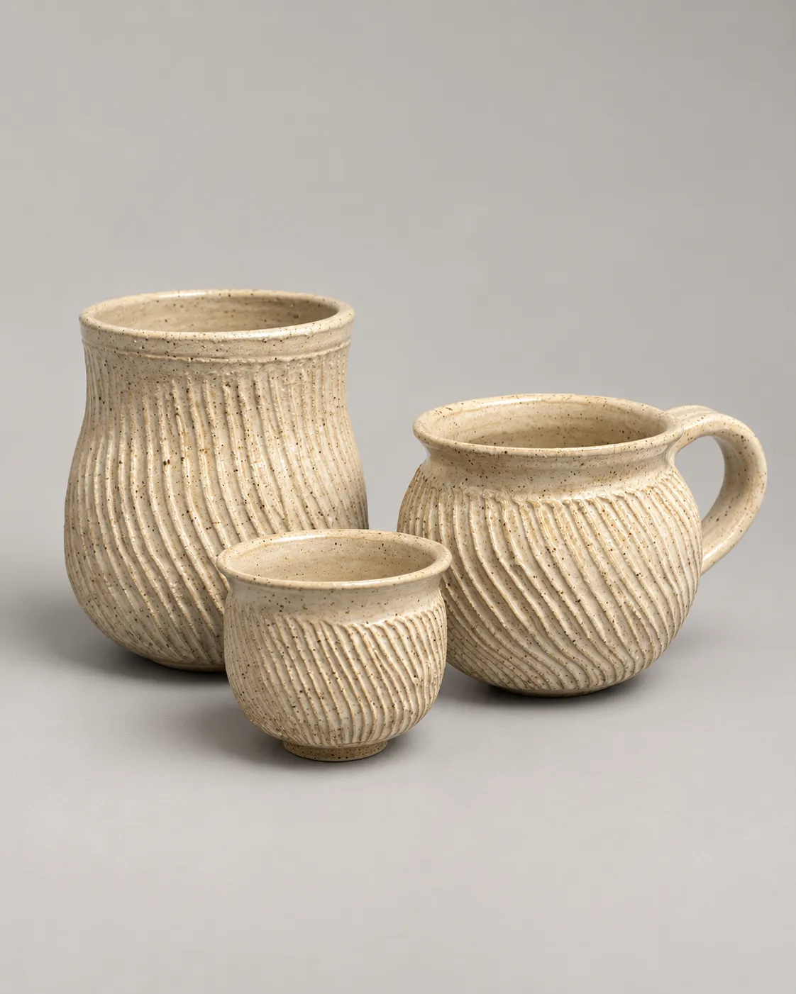 Three carved speckled cream pieces: a tall cup, a mug, and a small cup