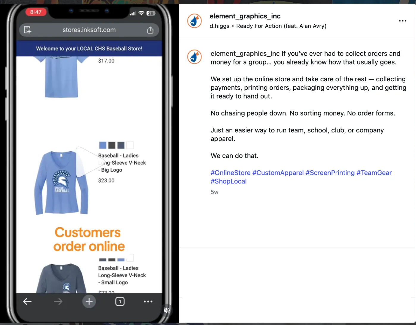 Reel: walkthrough of an online team apparel store