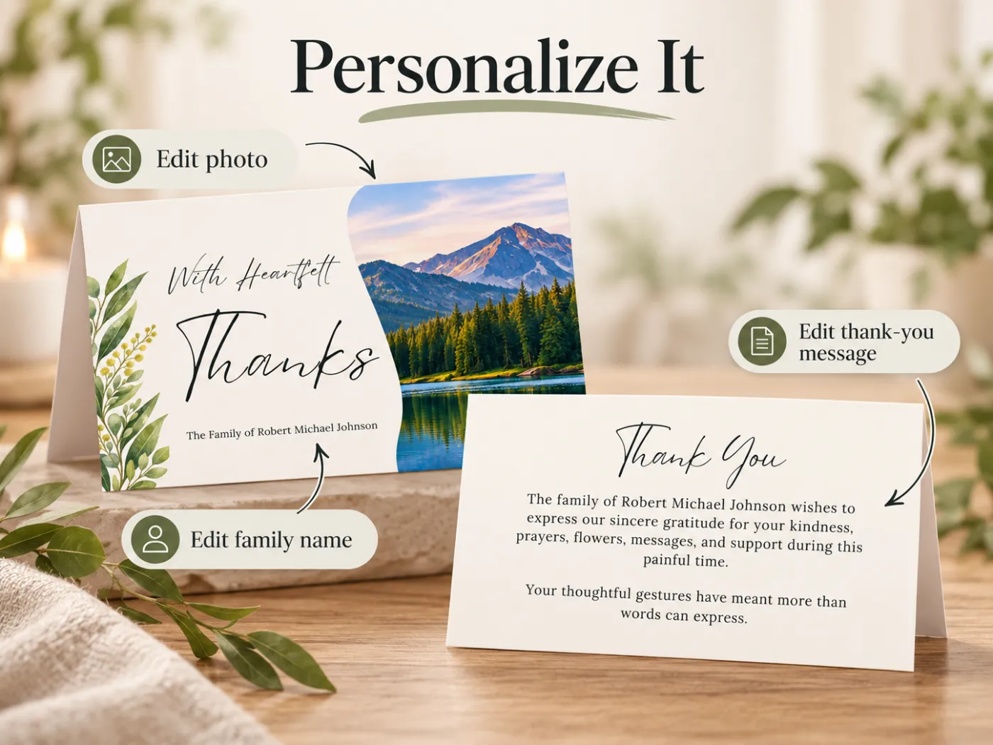 Editable sympathy thank-you card template with callouts for photo, family name, and message